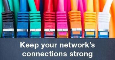 Multi-colored network cables above words "Keep your network's connections strong"