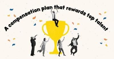 People celebrating around large trophy below words "A compensation plan that rewards top talent"