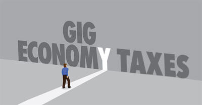 Graphic of person walking towards open door, with words "Gig Economy Taxes"